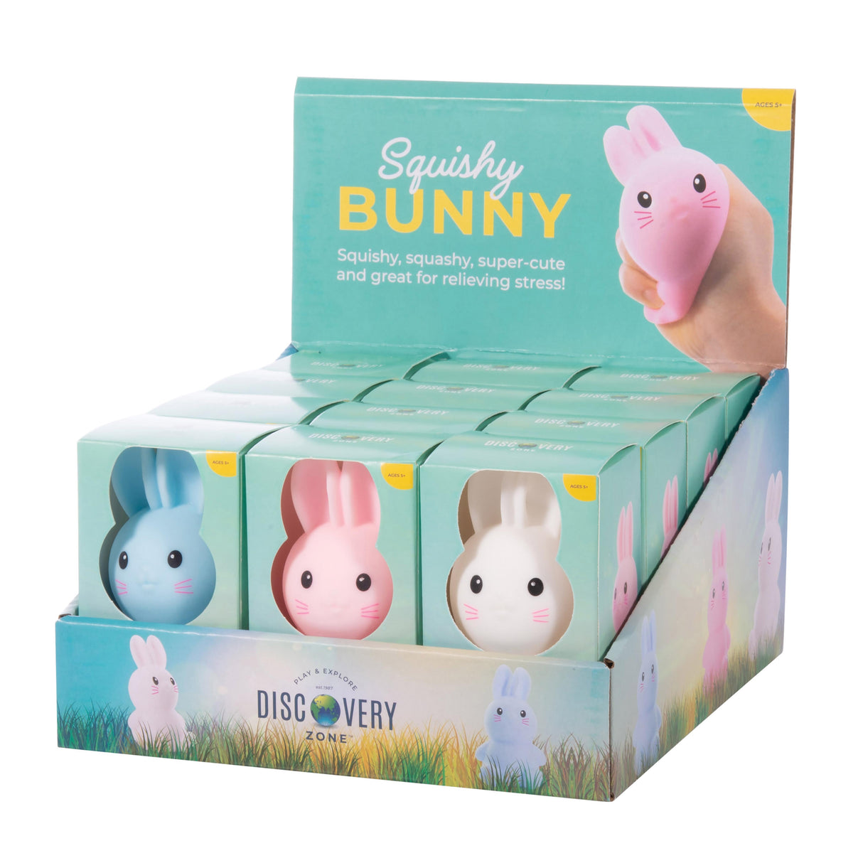 Discovery Zone Squishy Bunny CDU 12pcs/3 Assorted